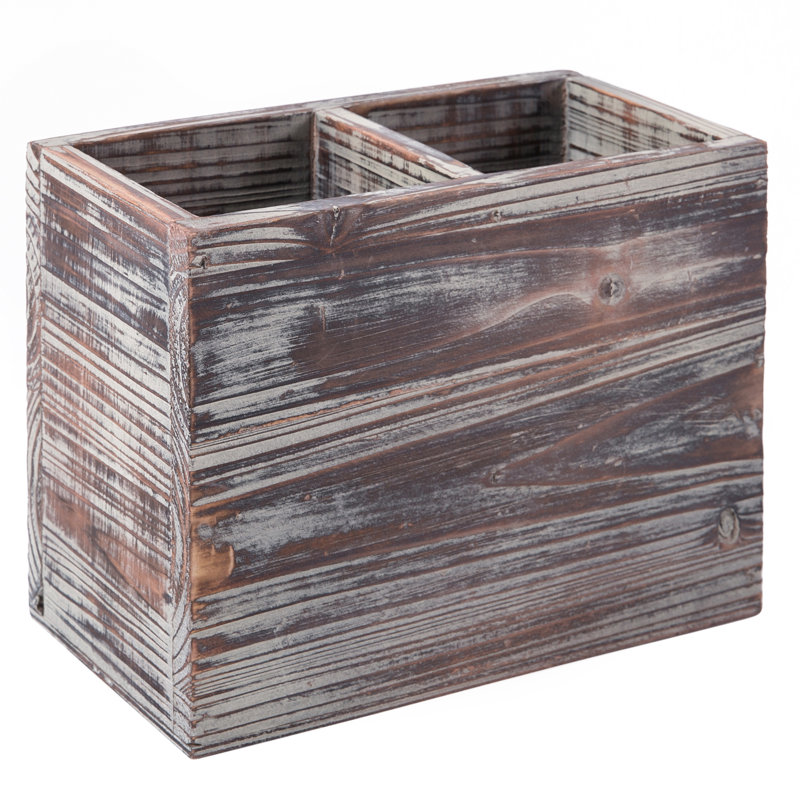 Wood Rectangle Utensil Crock, Rustic Brown