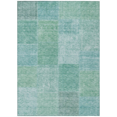 9' X 12' Teal Blue Sage And Green Patchwork Washable Indoor Outdoor Area Rug
