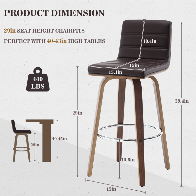Brown PU Leather Swivel Bar Stools with Walnut Legs, Set of 3