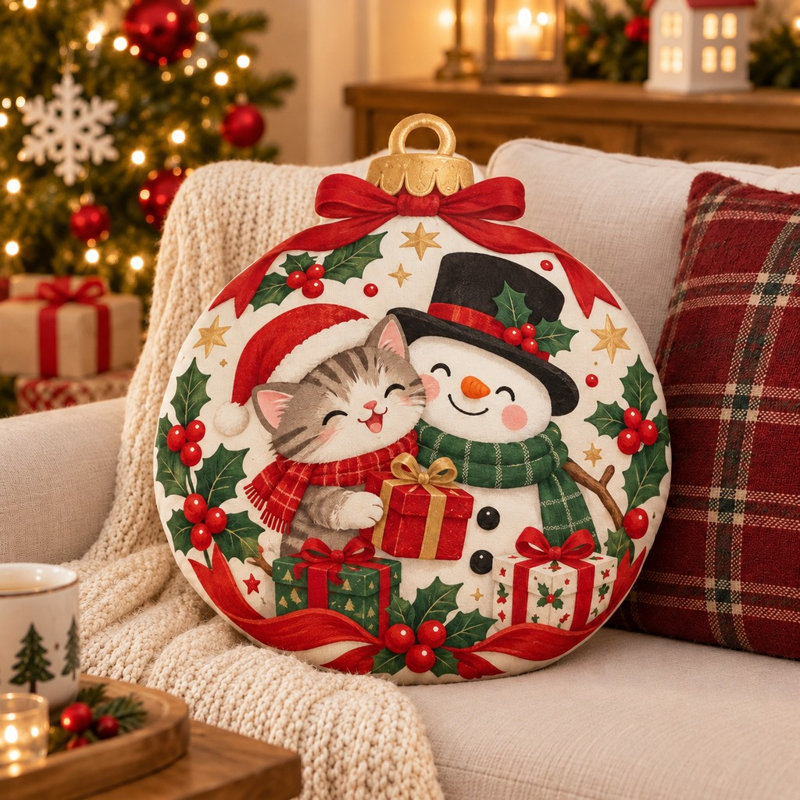 Printed Design - Not Textured Christmas Ornament with Cat And Snowman Shaped Throw Pillow Festive Holiday Decorative Cushion for Cozy Bedroom Sofa Christmas Decor 2D Flat Printing Shaped Stuffed Throw Pillow 25cm