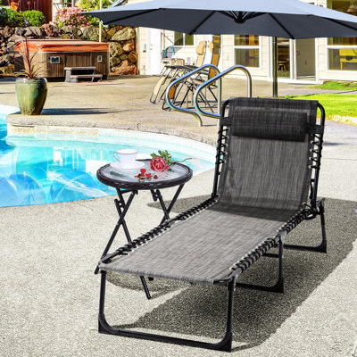 Portable Camping Cot Lounger With Breathable Material And Stability - Grey Adjustable Beach Sun Chair, Folding Removable Pillow, Side Pocket,