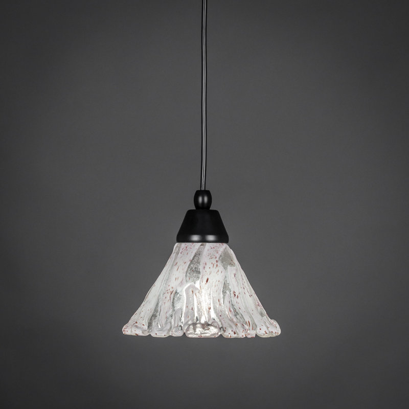 Cord Hung Mini Pendant Shown In Matte Black Finish With 7" Italian Ice Glass
