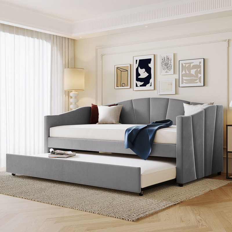Upholstered Daybed Sofa Bed  With Trundle Bed And Wood Slat, Gray