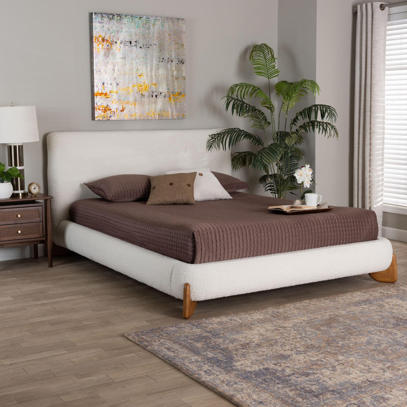 Vanderford Baxton Studio Vinicio Mid-Century Modern Cream Boucle Platform Bed, Queen 