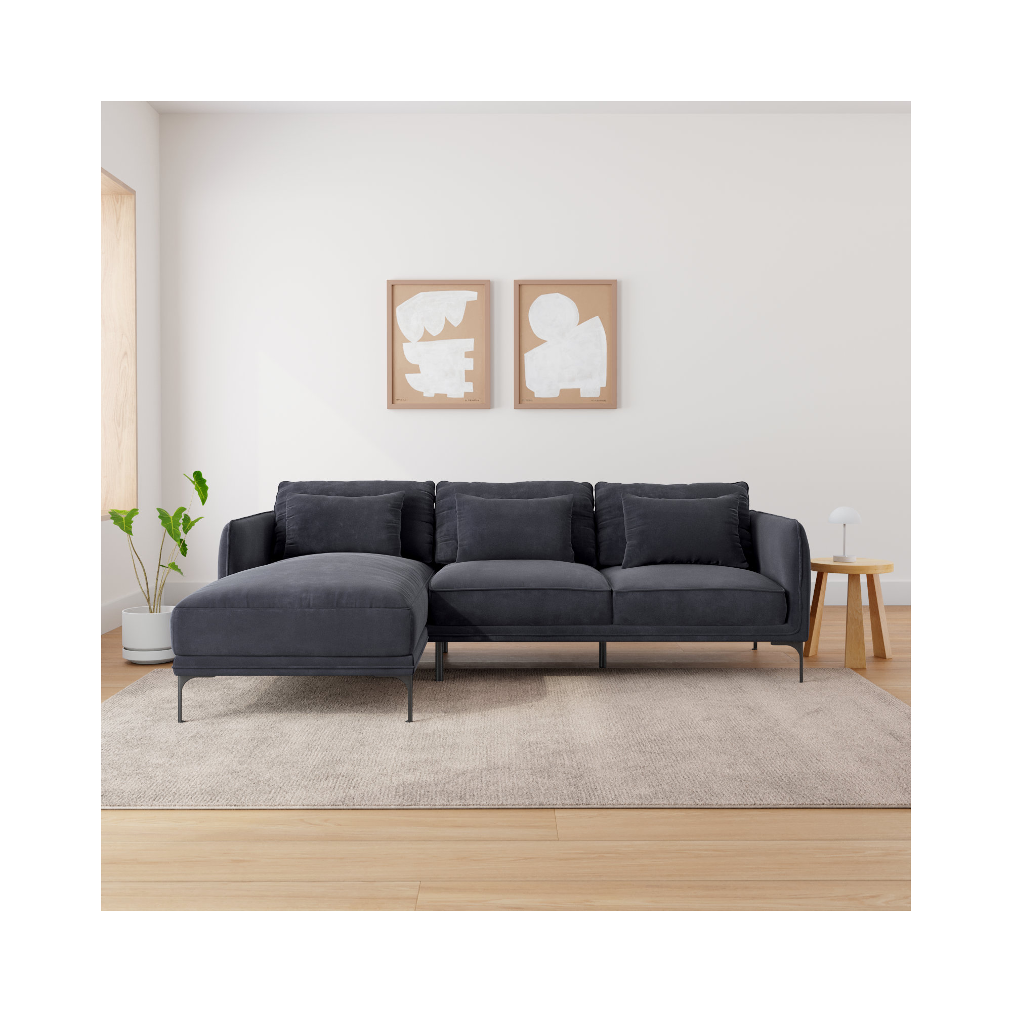 Rae Upholstered Chaise L-Sectional, Grey Cotton Blend, Left Hand Facing