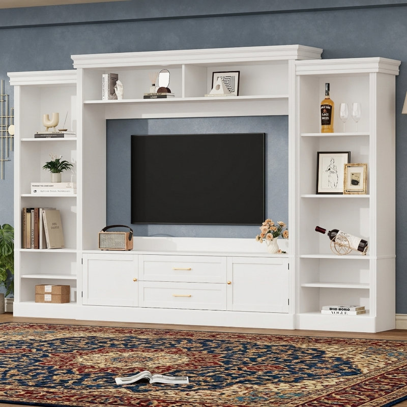 Meuble audio-vidéo 114 po avec bibliothèque et console murale 114 po, White