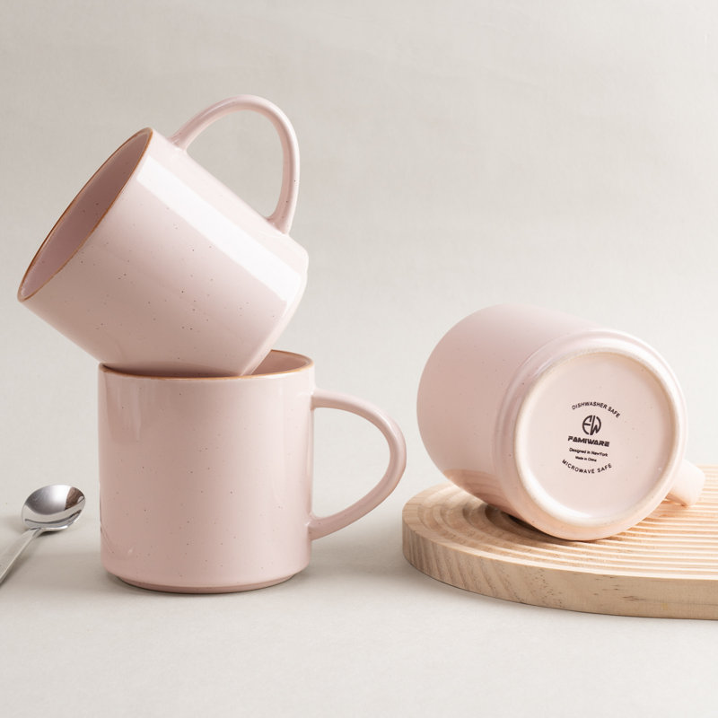  Nebula 4-Piece Stoneware Mug Set, Light Pink with Brown Rim