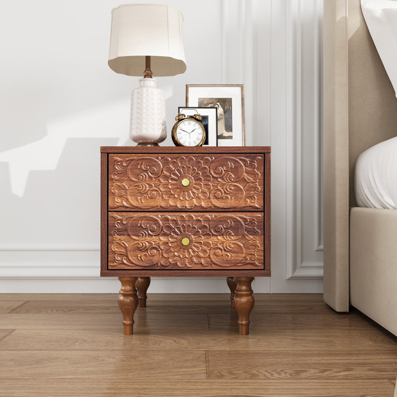 18.14'' Tall 2 Drawer Farmhouse Embossed Nightstands, Walnut