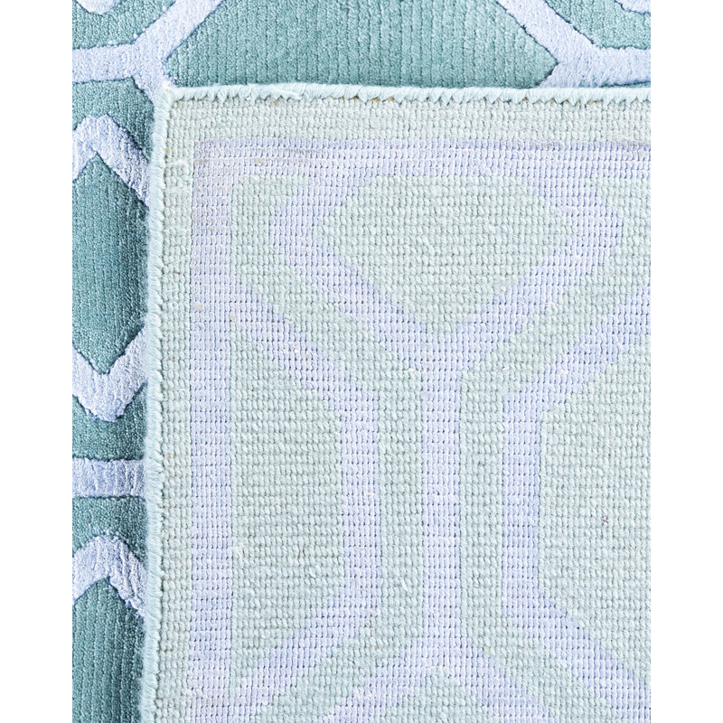 Hand-Knotted Green Wool and Silk Rectangular Area Rug