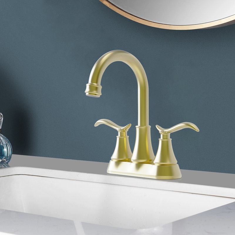 Bathroom Faucet Brushed Gold With Pop-Up Drain & Supply Hoses 2-Handle 360 Degree High Arc Swivel Spout Centerset 4 Inch Vanity Sink Faucet