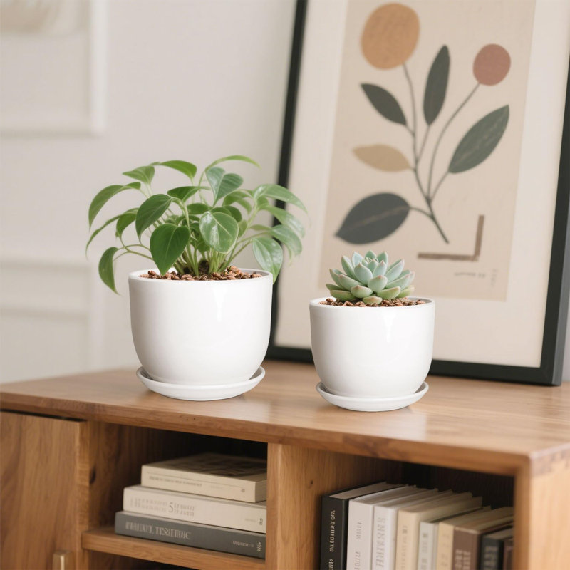 Pots pour plantes 6,7 "+ 5,5" en céramique avec drainage et soucoupes