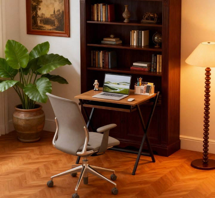 Folding Computer Desk,  With Monitor Shelf For Small Space, Home Office, Study, Walnut