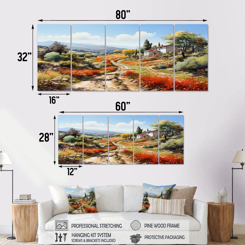 Maison de campagne en Toscane, Italie, ensemble d'art mural 5 pièces, H 28 po x l 60 po