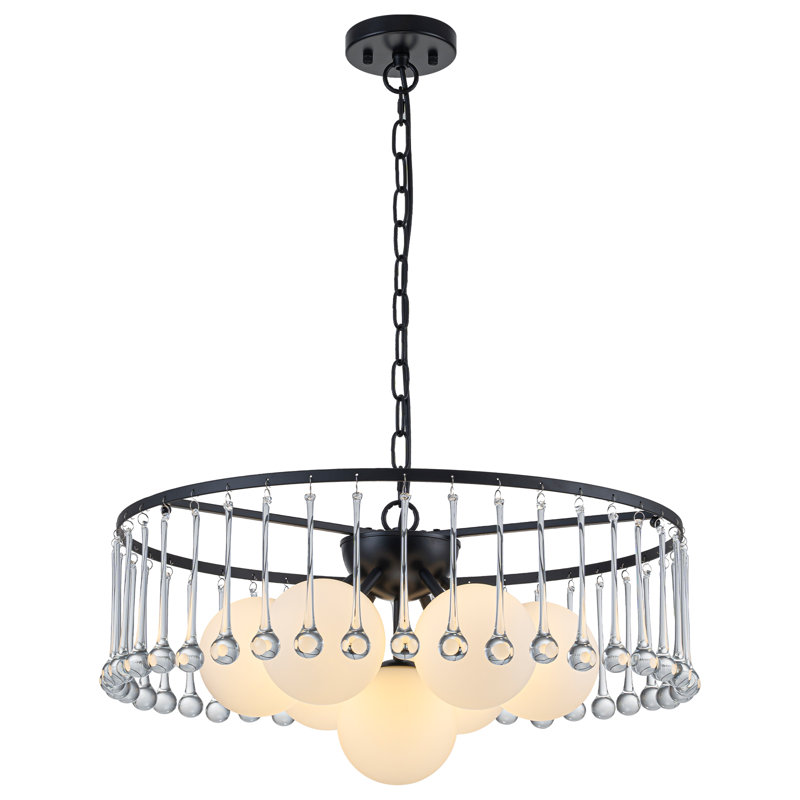 Lustre en cristal moderne avec 42 cristaux K9 Waterdrop, luminaire suspendu 7 lumières noir mat avec globes en verre laiteux, hauteur réglable de 15,75 po à 94,49 po pour les plafonds inclinés, homologué UL, rond de 24 po
