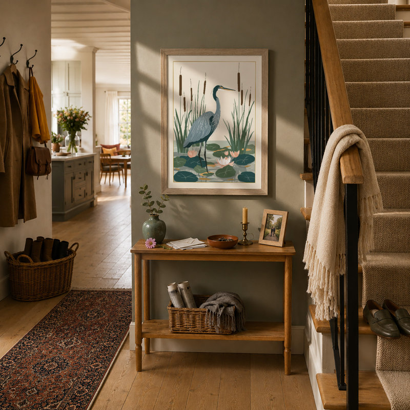 Heron Among Cattails Botanical - Framed Print, A3 - 42.0 x 29.7 cm, Oak