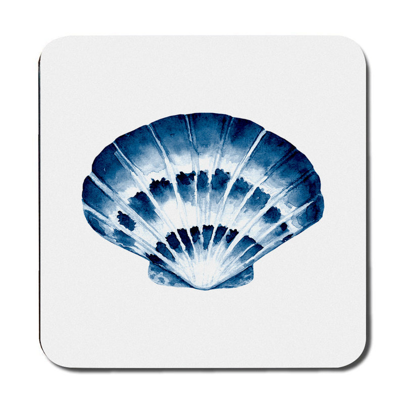 Blue Seashell Placemats Coasters Set With Wood Base Designer Artwork Collection 12 Pieces