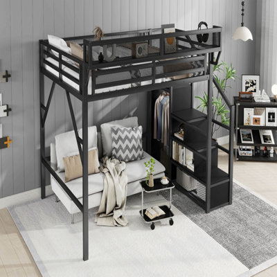 Lit mezzanine avec escalier, lit mezzanine en métal avec tablettes de rangement, lit mezzanine haut avec garde-robe pour enfants, adolescents, adultes