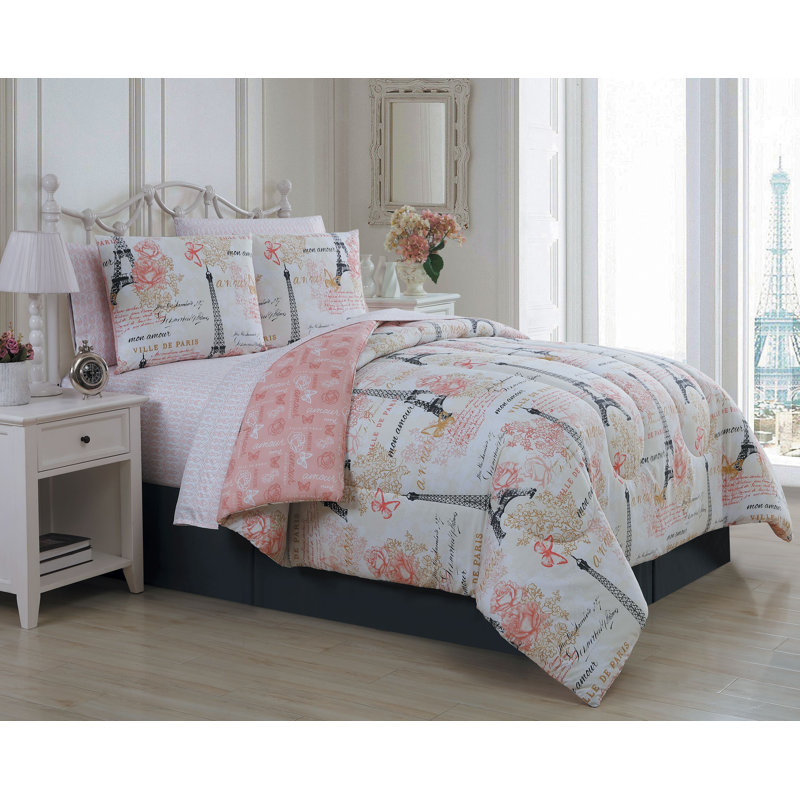 Amour French Polyester Toile Comforter, Pink, King Comforter + 7 Additional Pieces