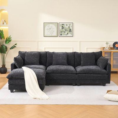 Canapé 3 places de couleur noire avec repose-pieds pour le salon, chambre à coucher, chambre compacte, canapé modulaire rembourré, banc en L avec repose-pieds