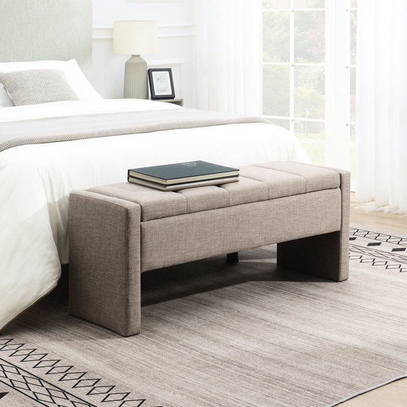 Grand tabouret de table basse avec rangement - Tissu en lin gris à couture soignée pour salon moderne, Gris brun