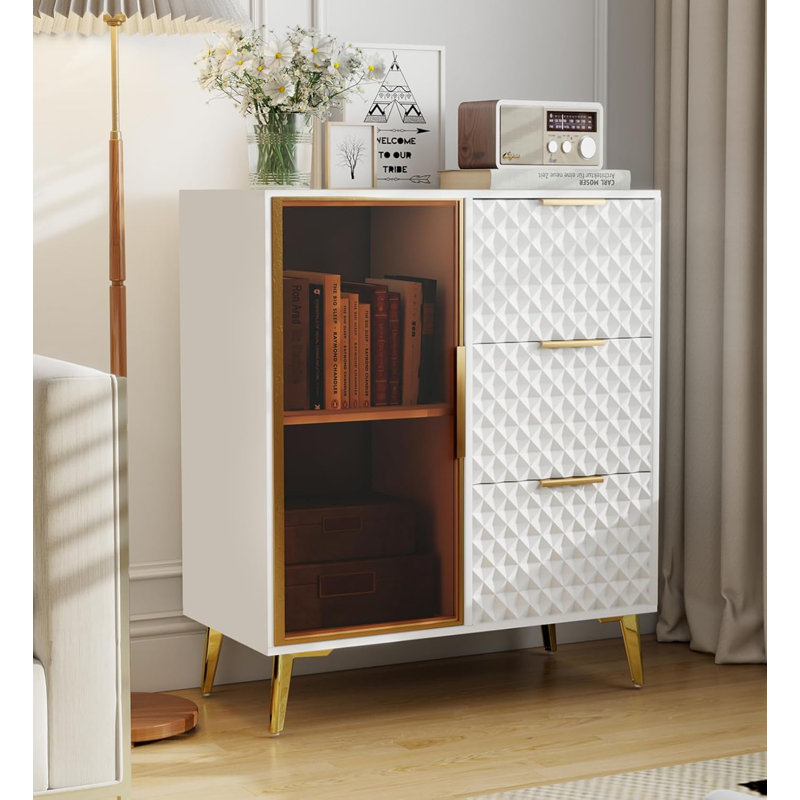 31" Modern Sideboard Cabinet With Storage, Small Kitchen Buffet Cabinet With Acrylic Door & 3 Drawers, Wood Storage Cabinet For Kitchen, Living Room