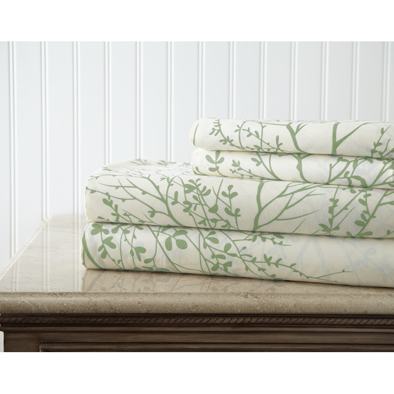 Microfiber Floral Sheet Set, Twin Sheet Set + 1 Fitted Sheet + 1 Pillowcase, White/Sage