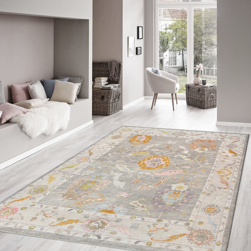 Elegant Oushak Floral Hand-Knotted Wool Rug 10' x 14' in Brown, White, and Yellow