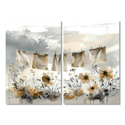 Grey Hanging Out Laundry II - Large Laundry Canvas Wall Art 2 Pieces