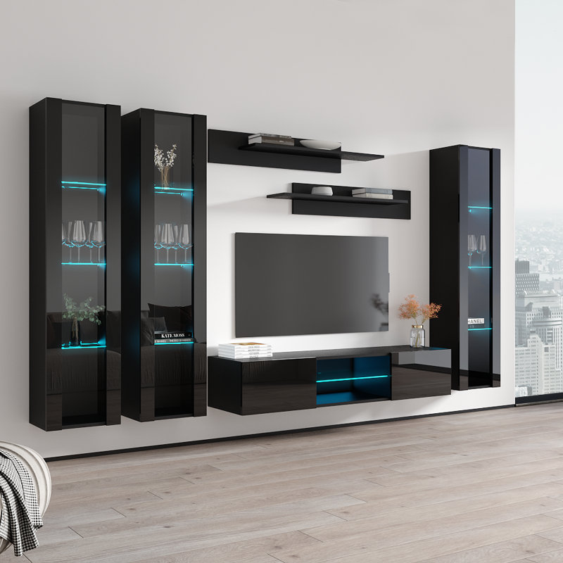 120" Modern Floating Wall Mounted Entertainment Center with 16-Color LED Lighting, High Gloss Finish, Black
