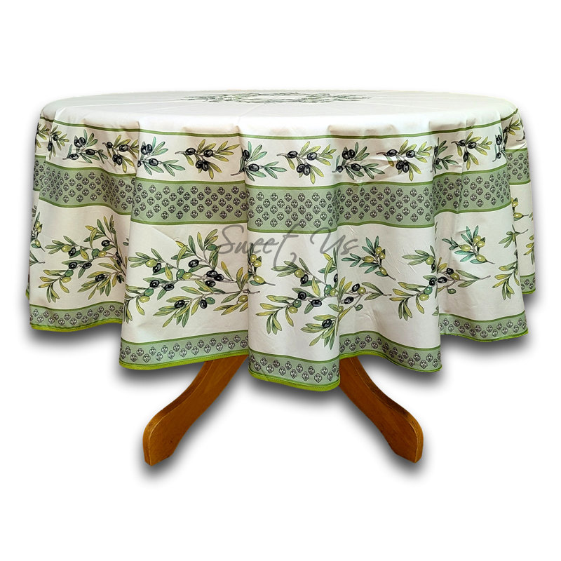 Nappe ronde de 71 po en coton floral français résistant aux taches, Vert