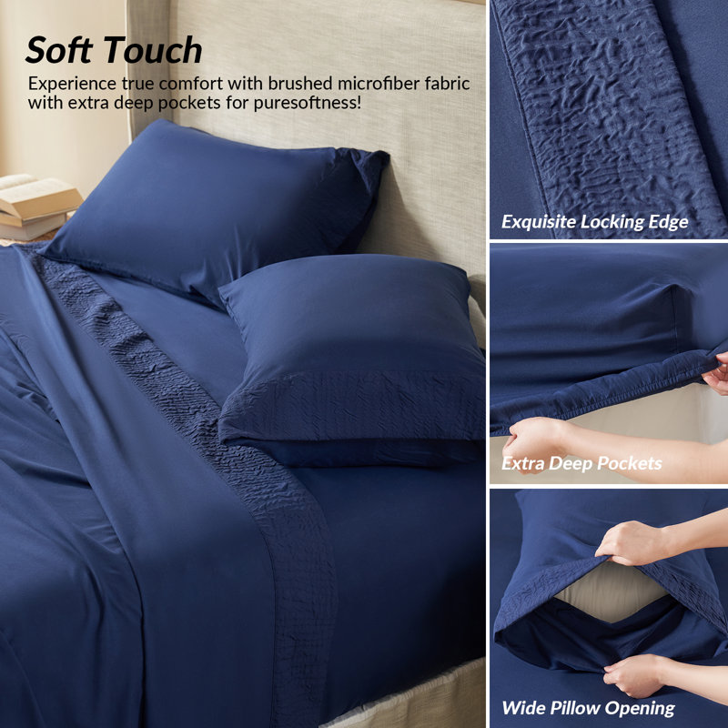 Draps et taies d'oreiller en polyester, Ensemble de draps pour lit simple avec 1 taie d'or, Indigo