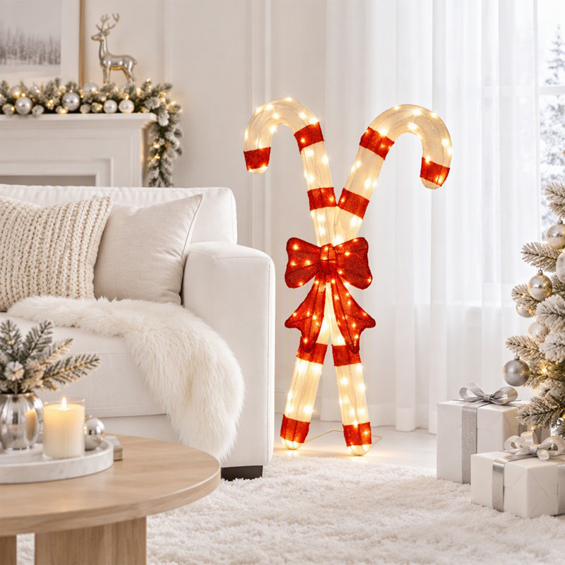 Décoration de Noël pré-éclairée en forme de canne de bonbon et d'arc rouge avec lumières DEL blanc chaud