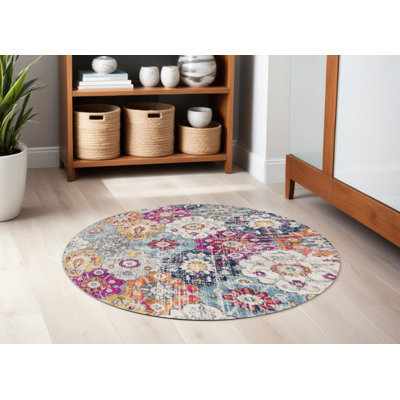 5' Grey Beige and Blue Geometric Distressed Round Rug