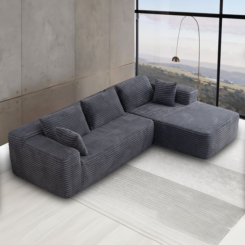 Canapé modulaire 2 pièces Torruella, Velours côtelé noir, Accoudoir à droite (vu de face)