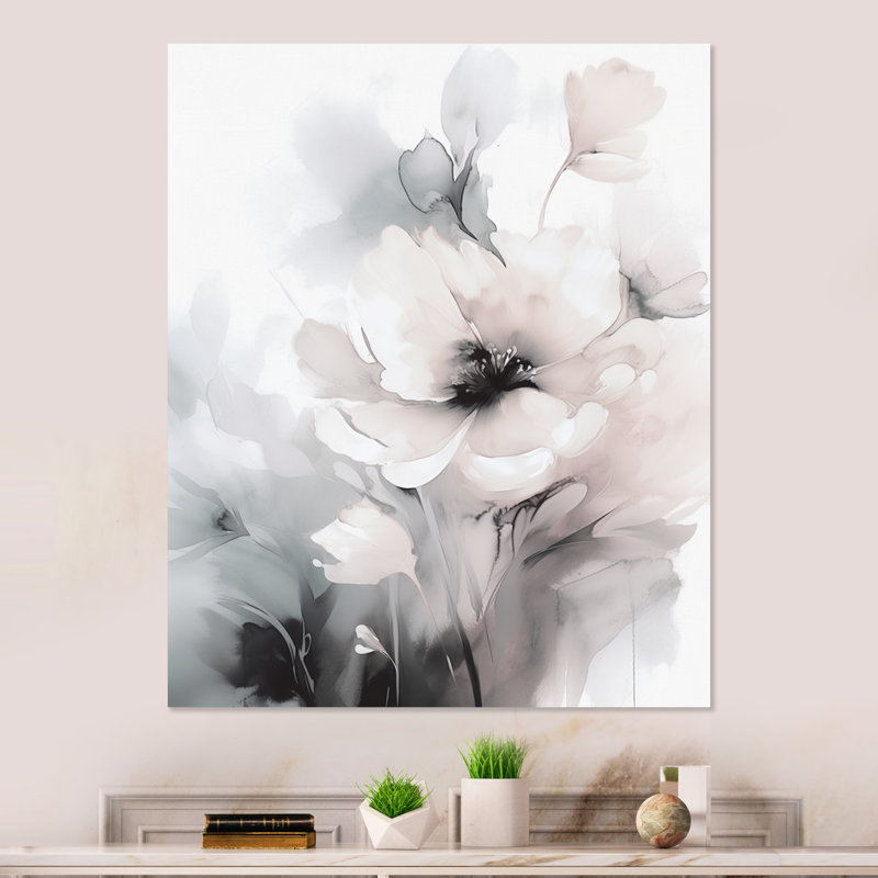 Douces fleurs gris clair I - décoration murale florale en métal, H 20 po x l 12 po