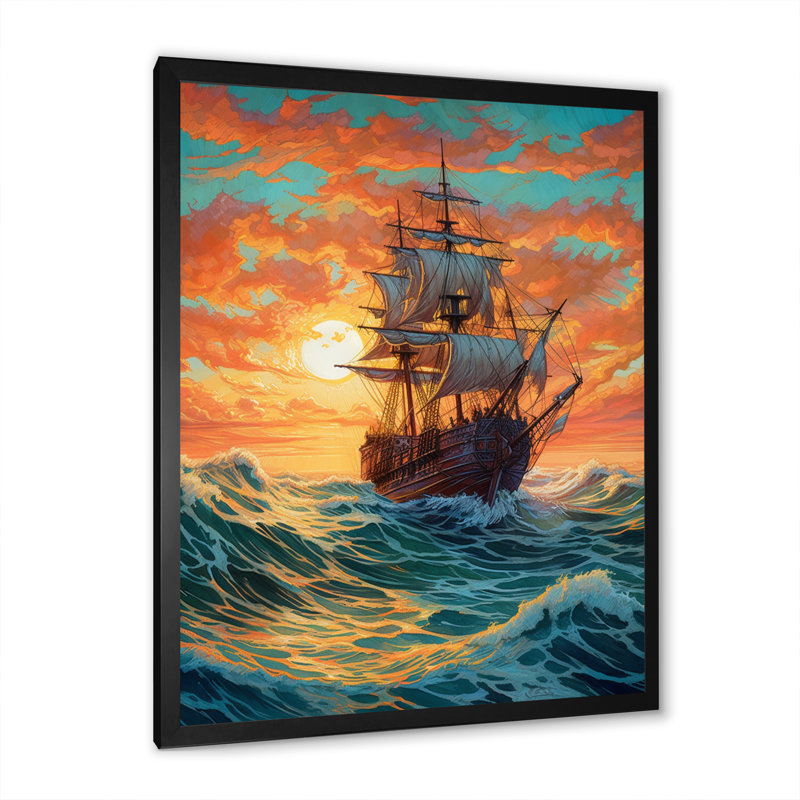 «Brown Ship On The Seas I», reproduction d'art sur toile, Cadre photo noir, H 20 po x l 12 po x P 1 po