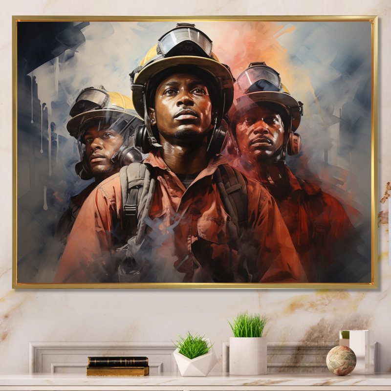 " Fireman Heroes In Action I ", Gold Floater Framed, 30" H x 40" W x 1.5" D