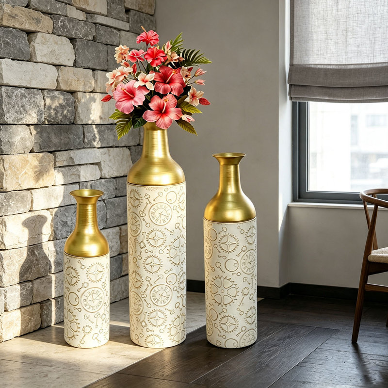 Ensemble de 3 grands vases de plancher en métal texturé - Vases à fleurs décoratifs modernes pour le salon (27,6, 22,8, 17,4 pouces)