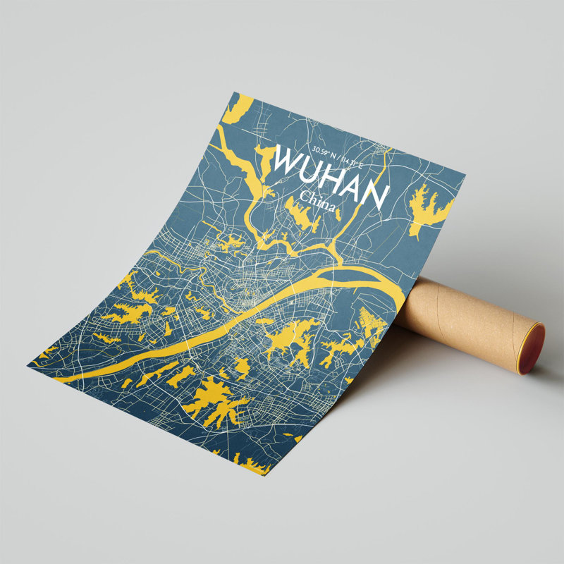 Carte de la ville de Whan, impression, Bleu / jaune, H 20 po x l 16 po