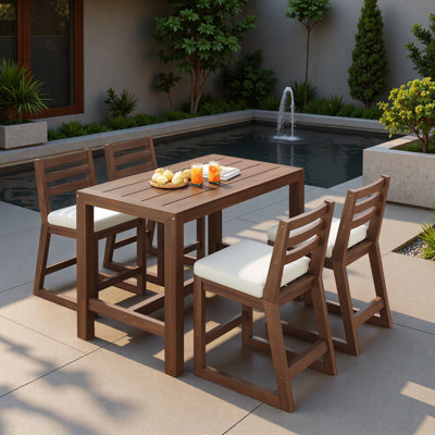 Ensemble de bar de patio rustique 5 pièces, ensemble de table de patio et chaises avec chaises ergonomiques, plateau à lattes en bois massif