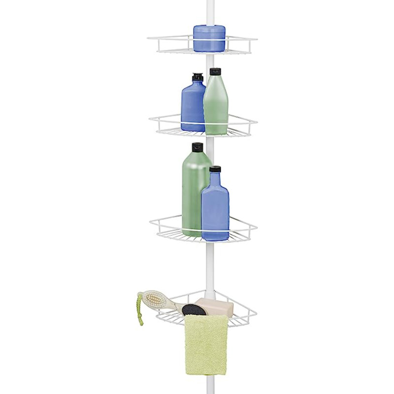 Serviteur de douche Tension Pole, 4 tablettes de panier avec barres à serviettes intégrées, réglables, 60 à 97 pouces, Blanc