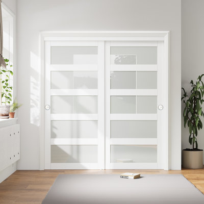 Porte coulissante intérieure en verre préfini en verre préfini blanc 72 "x 80" 5 Lite pour garde-manger et garde-robe avec ensemble de quincaillerie complet assemblé