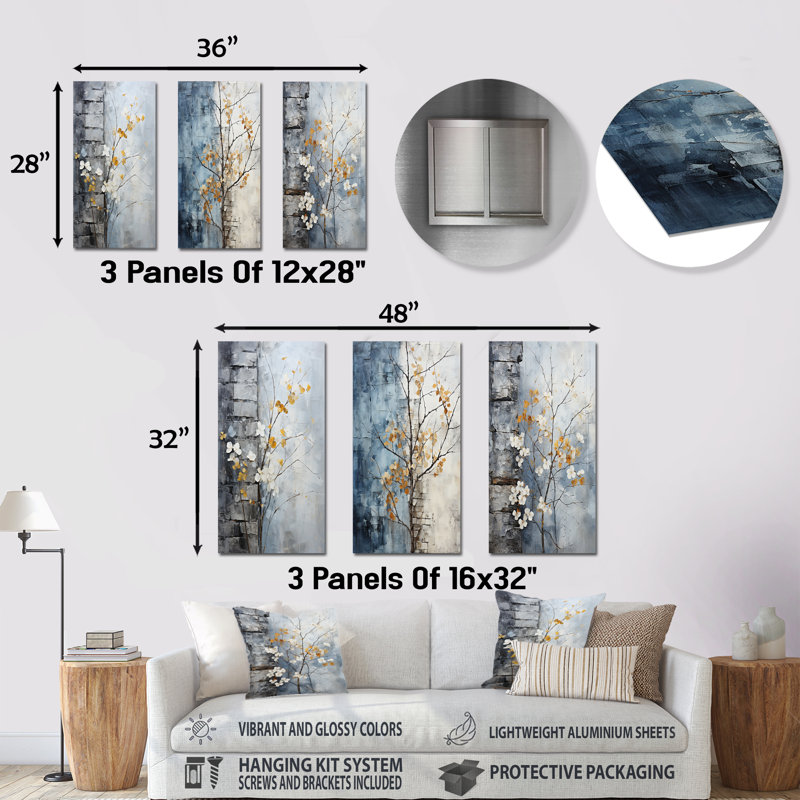 Minimaliste granit feuilles de raisin - ensemble de 3 reproductions d'art mural en métal Plantes, H 28 po x l 36 po