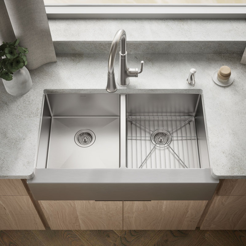 Strive 35-1/2 In. Undermount Double-Bowl Farmhouse Kitchen Sink With Accessories