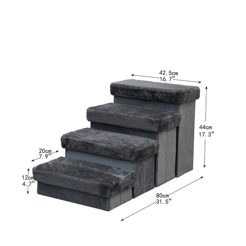 Charcoal Plush 4-Level Pet Stairs with Storage