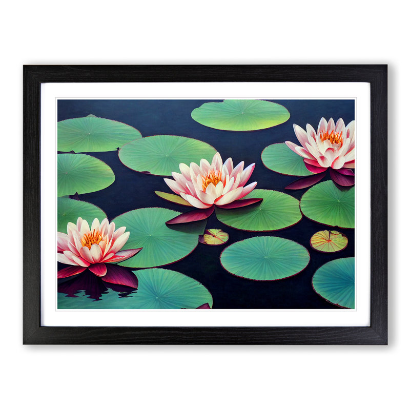 Radiant Water Lily Pond 1 Piece Single Picture Frame Painting, 34cm H x 46cm W x 2cm D, Black
