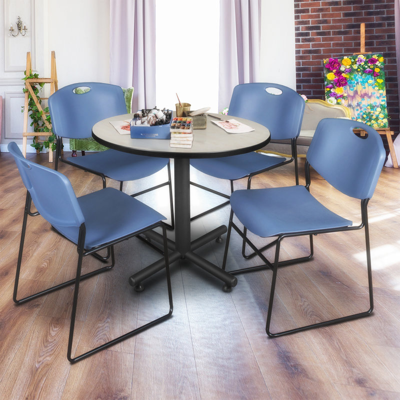 Nicklos Round X-Base Breakroom Table, 4 Zeng Stack Chairs, Maple, Blue