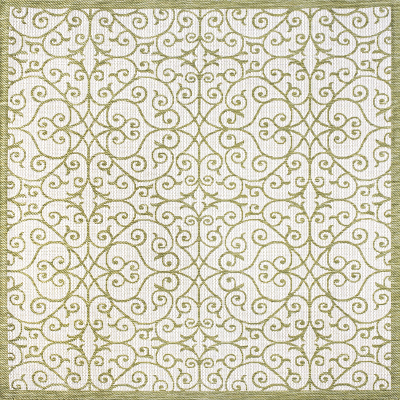 Deilani Vintage Filigree Textured Weave Green/Cream Indoor/Outdoor Rug, Square 5'3"