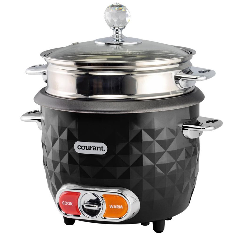 Cuiseur à riz et cuiseur à vapeur de 10 tasses Courant (cuit) avec motif à losanges, cuiseur à vapeur en acier inoxydable, éléments chromés avec poignée en cristal, couvercle en verre, casserole intérieure antiadhésive, comprend une tasse à mes