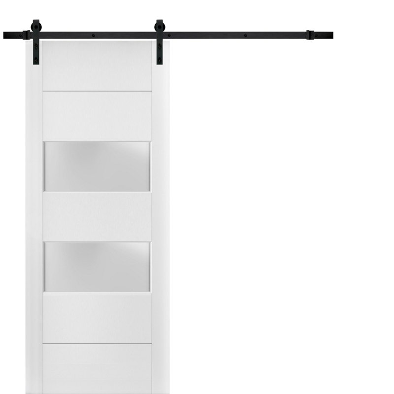 Porte de grange robuste en verre givré 2 lumières | Soie blanche Lucia 4010 | Ensemble de quincaillerie lourde 6,6 pi | Portes intérieures solides